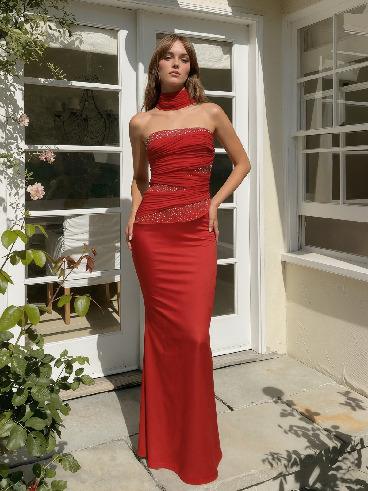 Daeira Strapless Crystal Draped Maxi Dress In Red