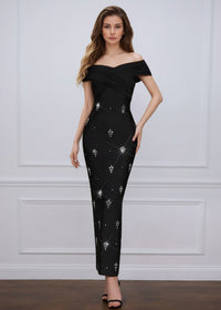 Thalyss Draped Bardot Crystal Maxi Dress In Black