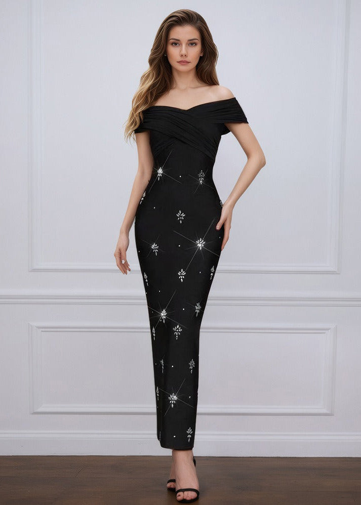 Thalyss Draped Bardot Crystal Maxi Dress In Black