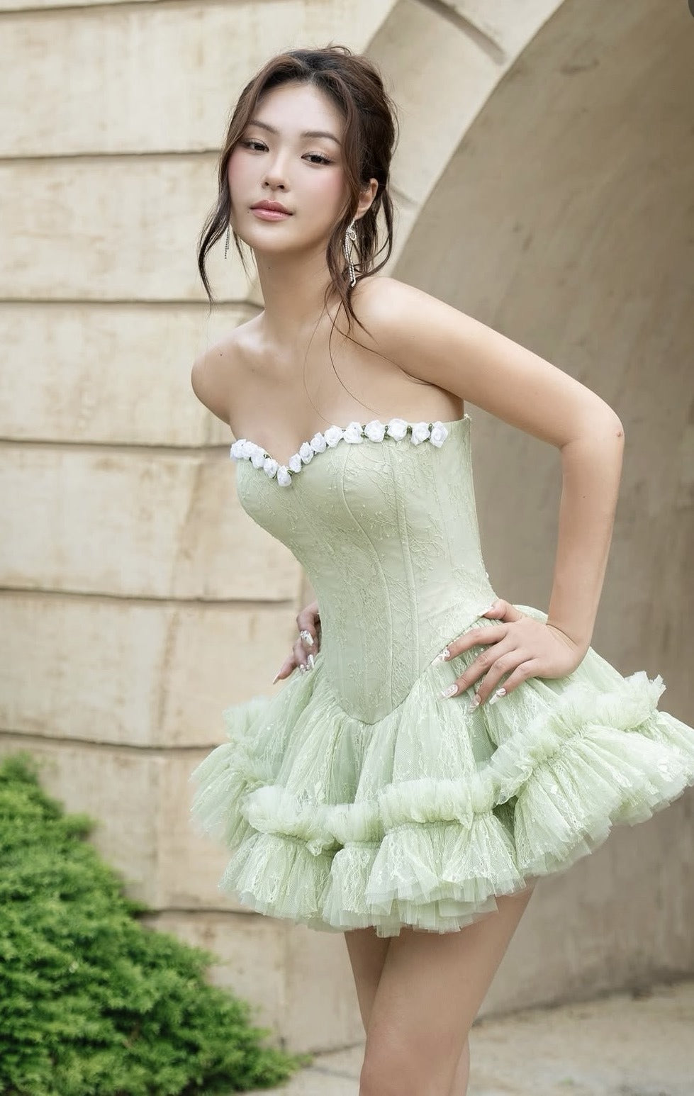 Findlay Strapless Floral Skater Mini Dress In Green