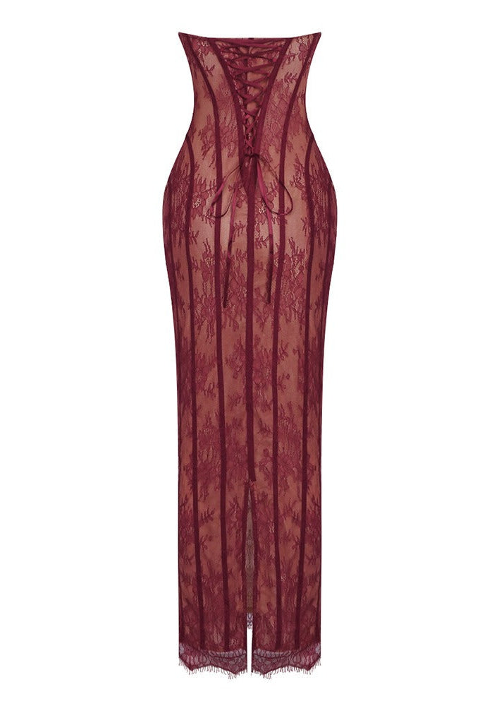 Vazrik Black Floral Lace Corset Maxi Dress