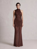 Felnor Sleeveless Rhinestone Mesh Maxi Dress