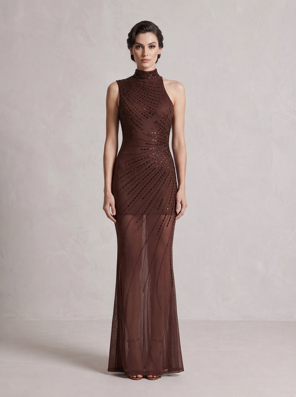 Felnor Sleeveless Rhinestone Mesh Maxi Dress
