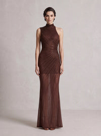 Felnor Sleeveless Rhinestone Mesh Maxi Dress