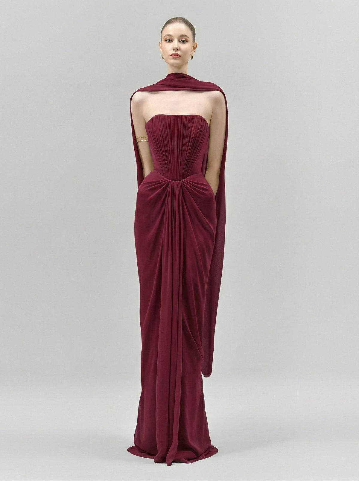 Eudocia Scarf Strapless Ruched Maxi Dress In Wine
