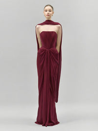 Eudocia Scarf Strapless Ruched Maxi Dress In Wine