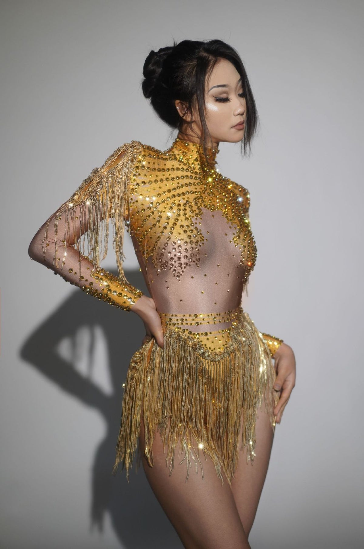 Paniz Rhinestone Fringe Bodysuit In Silver