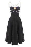 Ashur Pearl Detail A Line Midi Dress In Black