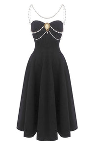 Ashur Pearl Detail A Line Midi Dress In Black