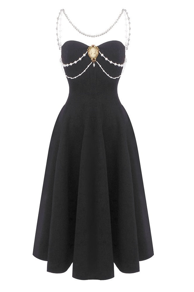 Ashur Pearl Detail A Line Midi Dress In Black