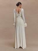 Grabrol Long Sleeve Lace Draped Maxi Dress In White