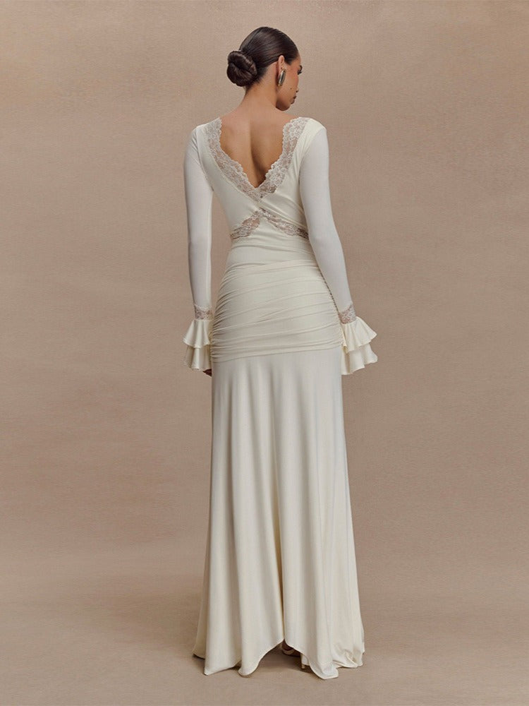 Grabrol Long Sleeve Lace Draped Maxi Dress In White