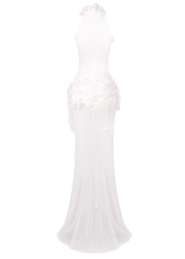 Elodia Flower High Split Mesh Maxi Dress In White