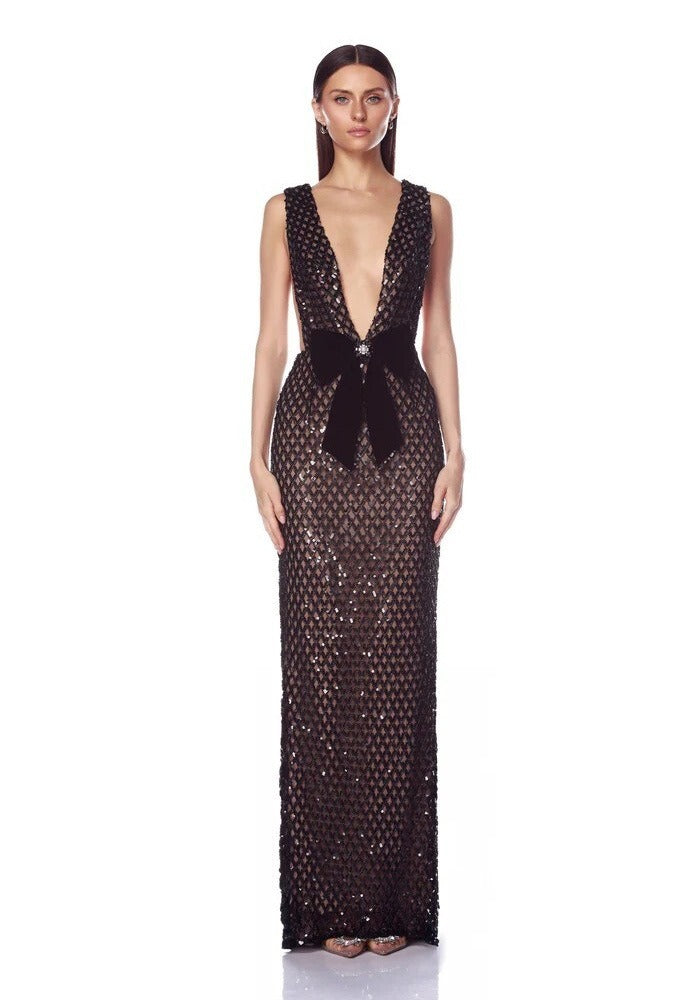 Hemira Bow Detail Sequin Maxi Dress