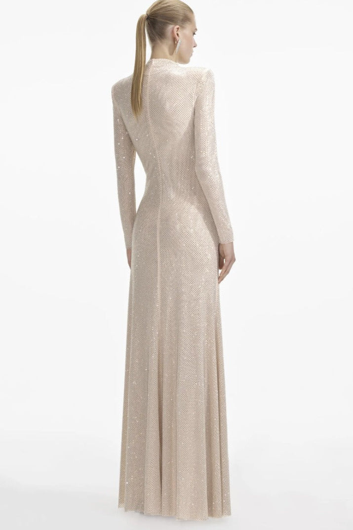 Antares Long Sleeve Embellished Maxi Dress In Nude
