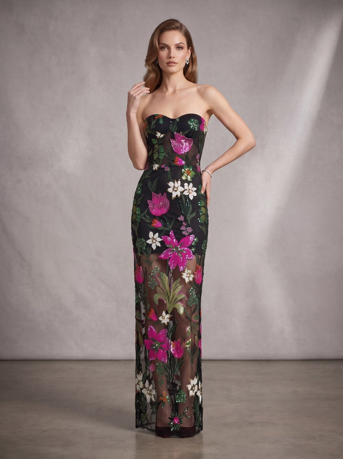 Chalina Strapless Sequin Flower Maxi Dress
