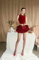 Aidric Puff Detail Velvet Mini Dress In Red