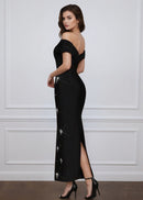 Thalyss Draped Bardot Crystal Maxi Dress In Black