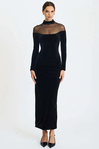 Doryxel Long Sleeve Mesh Insert Maxi Velvet Dress