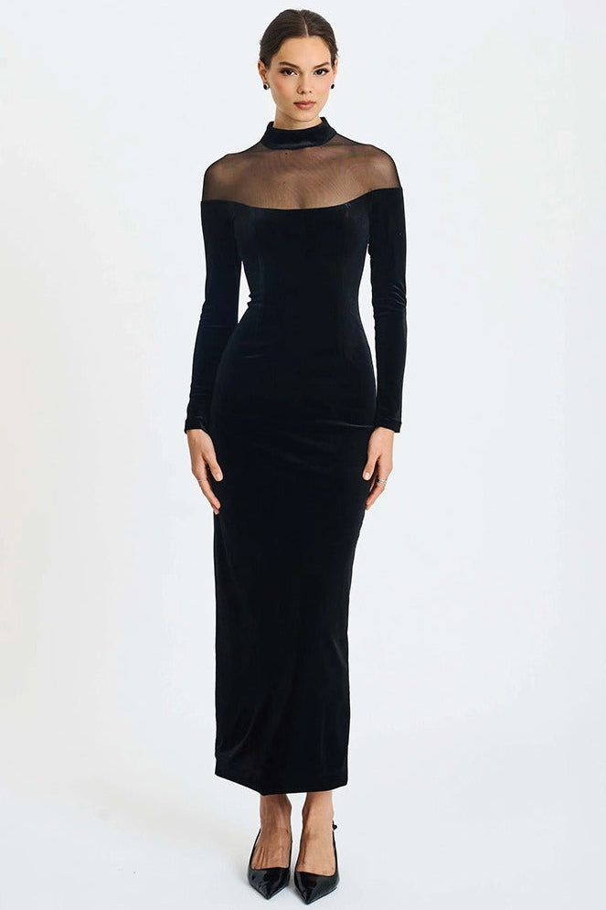 Doryxel Long Sleeve Mesh Insert Maxi Velvet Dress