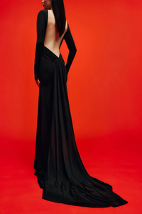 Meghyn Long Sleeve Draped Backless Maxi Dress In Black