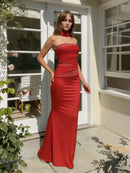 Daeira Strapless Crystal Draped Maxi Dress In Red