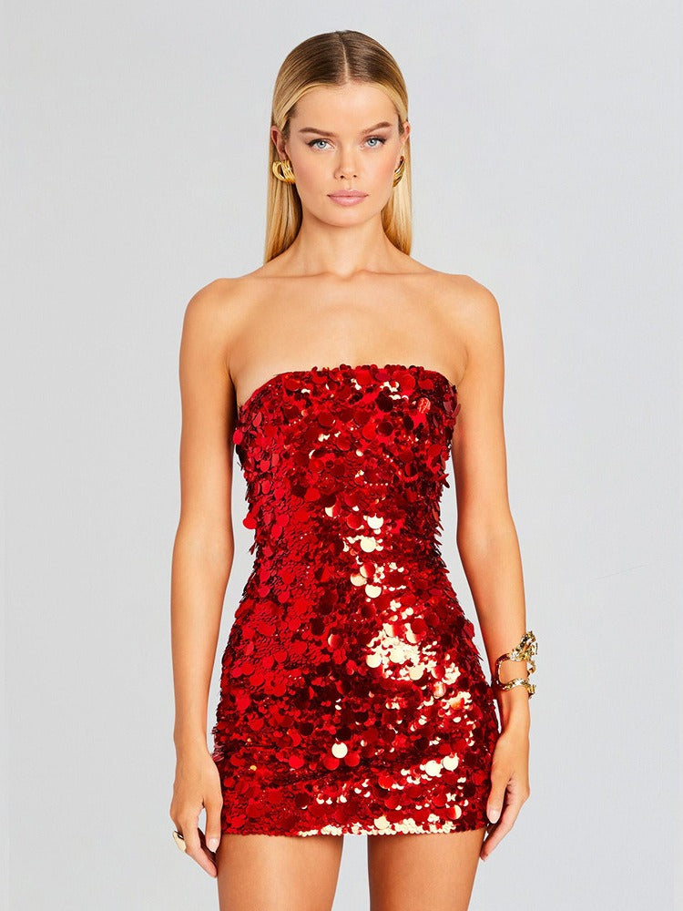 Sydnie Sequin Strapless Mini Red Dress