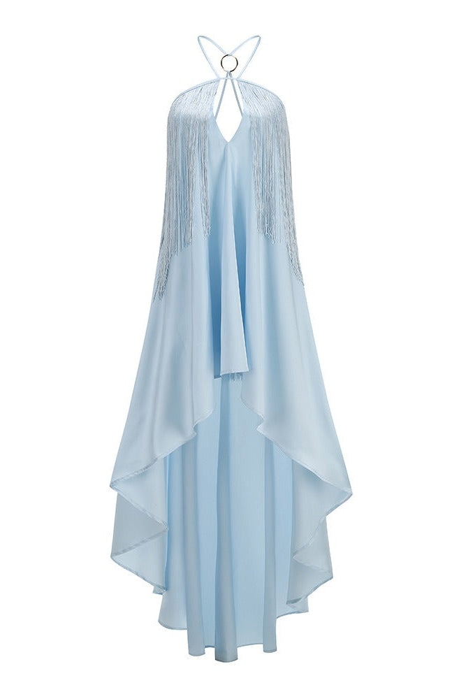 Noxden Blue Halterneck Fringe Maxi Dress