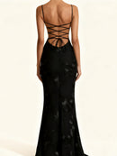 Dichen Black Floral Appliqué Corset Maxi Dress