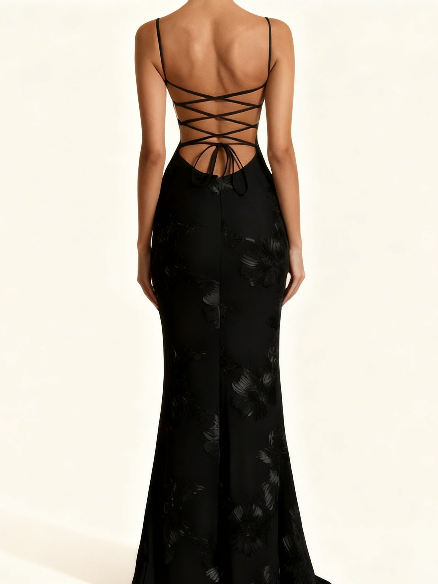 Dichen Black Floral Appliqué Corset Maxi Dress