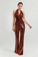 Lizbeth Halter Draped Sequin Jumpsuit In Brown