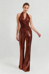 Lizbeth Halter Draped Sequin Jumpsuit In Brown