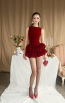 Aidric Puff Detail Velvet Mini Dress In Red