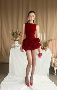 Aidric Puff Detail Velvet Mini Dress In Red