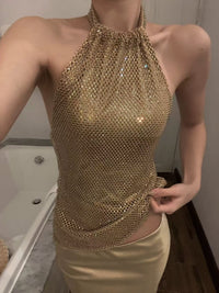 Zymera Halterneck Rhinestone Mesh Skirt Set