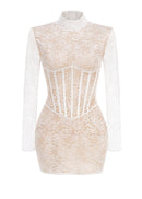 Yxalira Lace Jacquard Fishbone Bodycon Mini Dress In White
