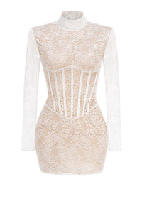 Yxalira Lace Jacquard Fishbone Bodycon Mini Dress In White