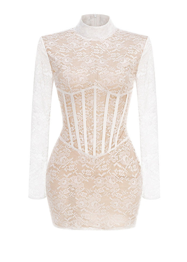 Yxalira Lace Jacquard Fishbone Bodycon Mini Dress In White