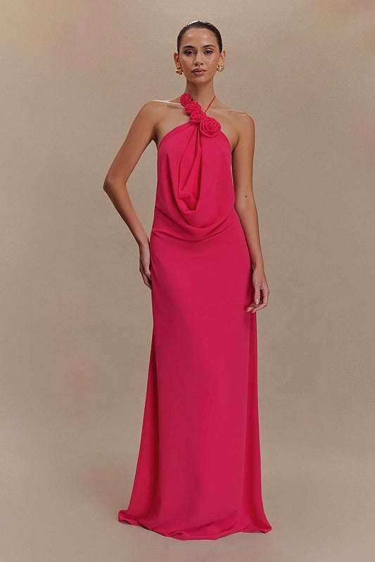 Janusz Halter Floral Maxi Dress In Hot Pink