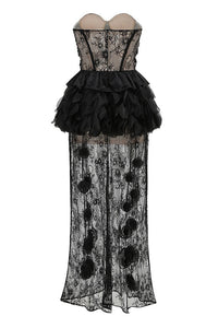 Cindrel Strapless Lace Ruffle Maxi Dress