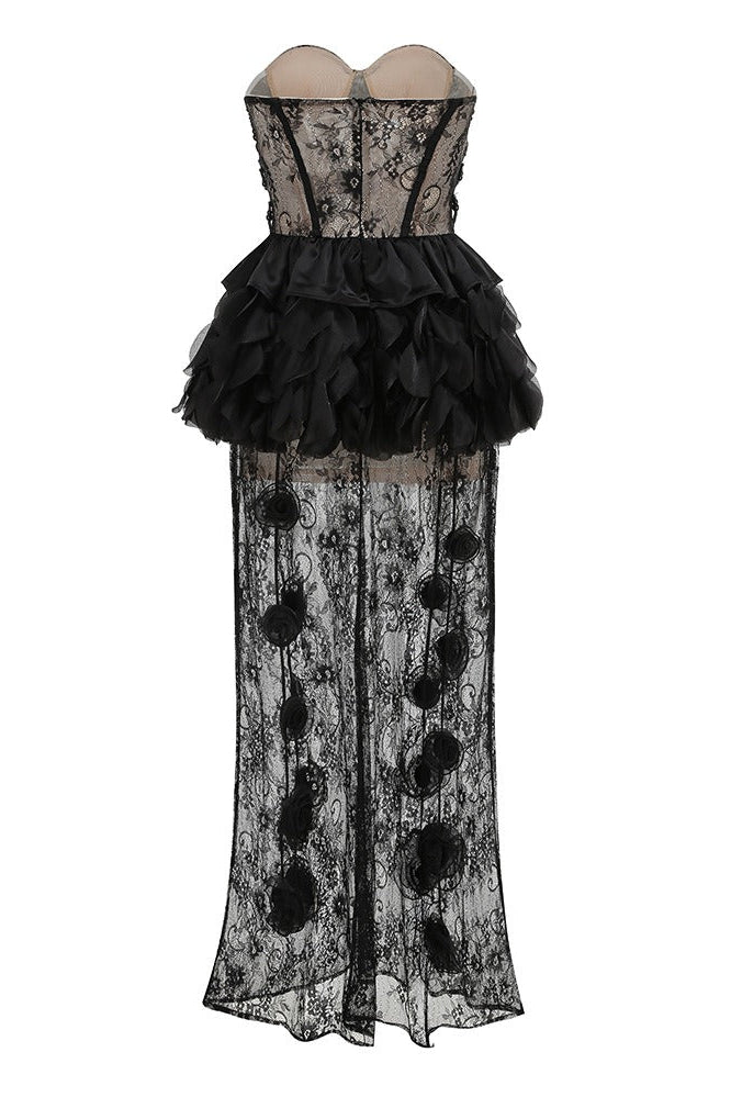 Cindrel Strapless Lace Ruffle Maxi Dress