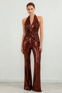 Lizbeth Halter Draped Sequin Jumpsuit In Brown