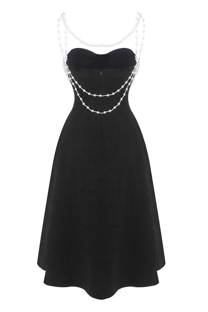 Ashur Pearl Detail A Line Midi Dress In Black