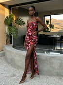 Kessari Strapless Red Floral Ruched Side Split Maxi Dress