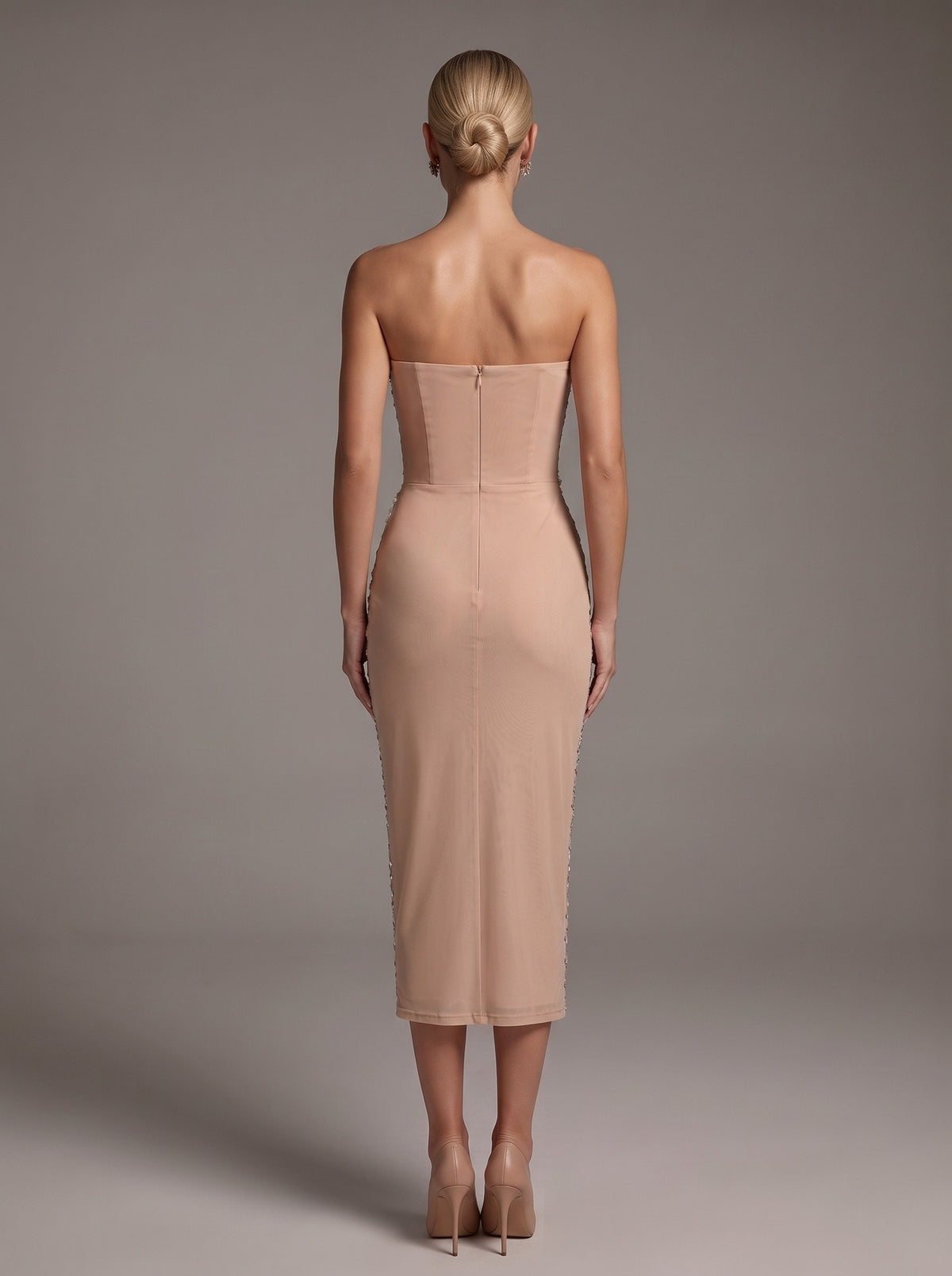 Qelvan Strapless Flower Embellished Midi Dress