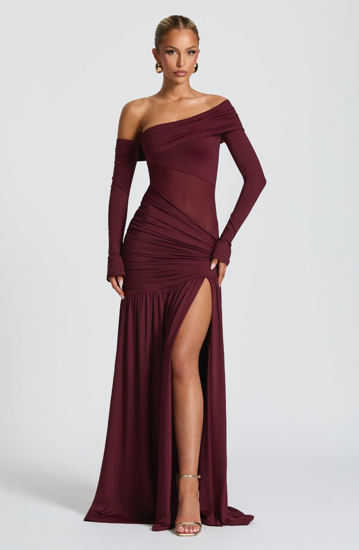 Ariane Burgundy One Shoulder Gathered Maxi Dress