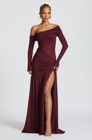 Ariane Burgundy One Shoulder Gathered Maxi Dress