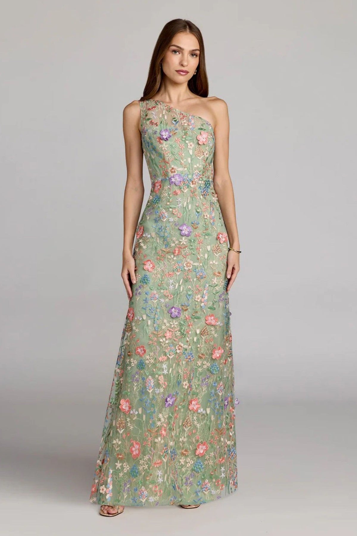 Delphor One Shoulder Floral Embroidered Maxi Dress