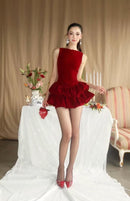 Aidric Puff Detail Velvet Mini Dress In Red