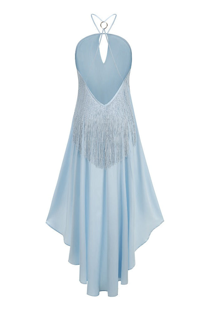 Noxden Blue Halterneck Fringe Maxi Dress